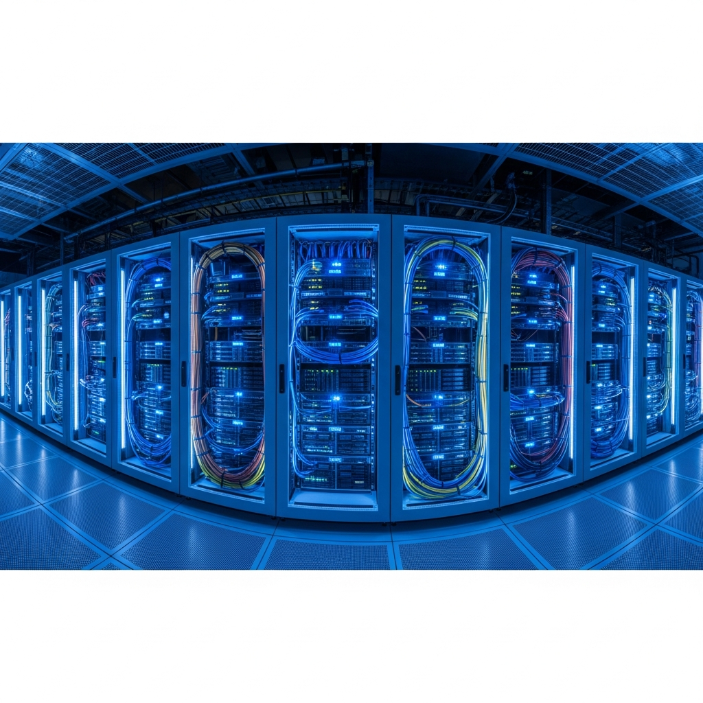 A photorealistic high-tech server rack with glowing blue LED indicators, modern cable management, and multiple powerful server units, representing enterprise-grade game hosting infrastructure in a climate-controlled data center environment