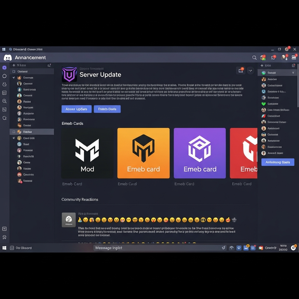 A photorealistic image of a Discord server interface showing an announcement channel with a detailed server update post, featuring formatted text about mod updates, colorful embed cards with mod logos, and community reactions with emojis and comments below