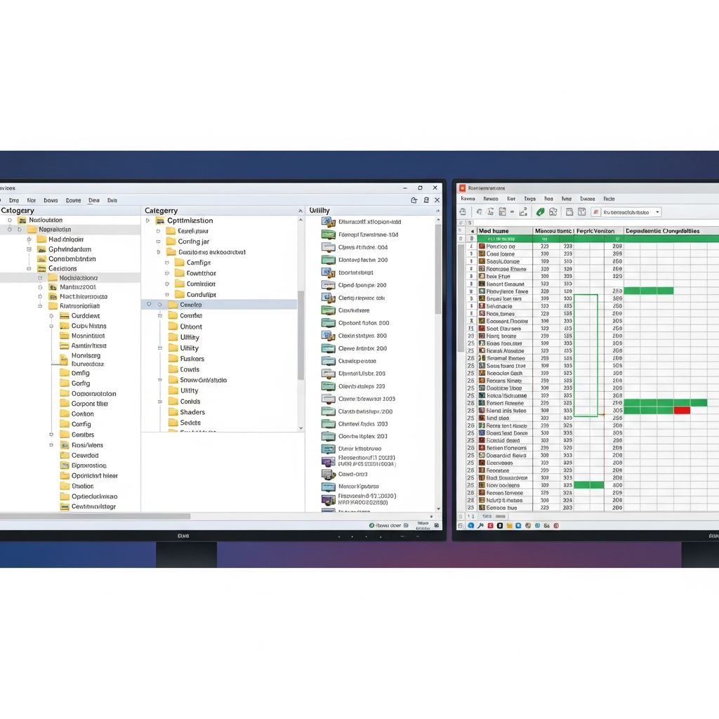A photorealistic image of a organized Minecraft mod folder structure displayed in a file explorer window, showing categorized mod files with JAR extensions, config folders, and a secondary monitor displaying a compatibility spreadsheet with version numbers and dependency chains