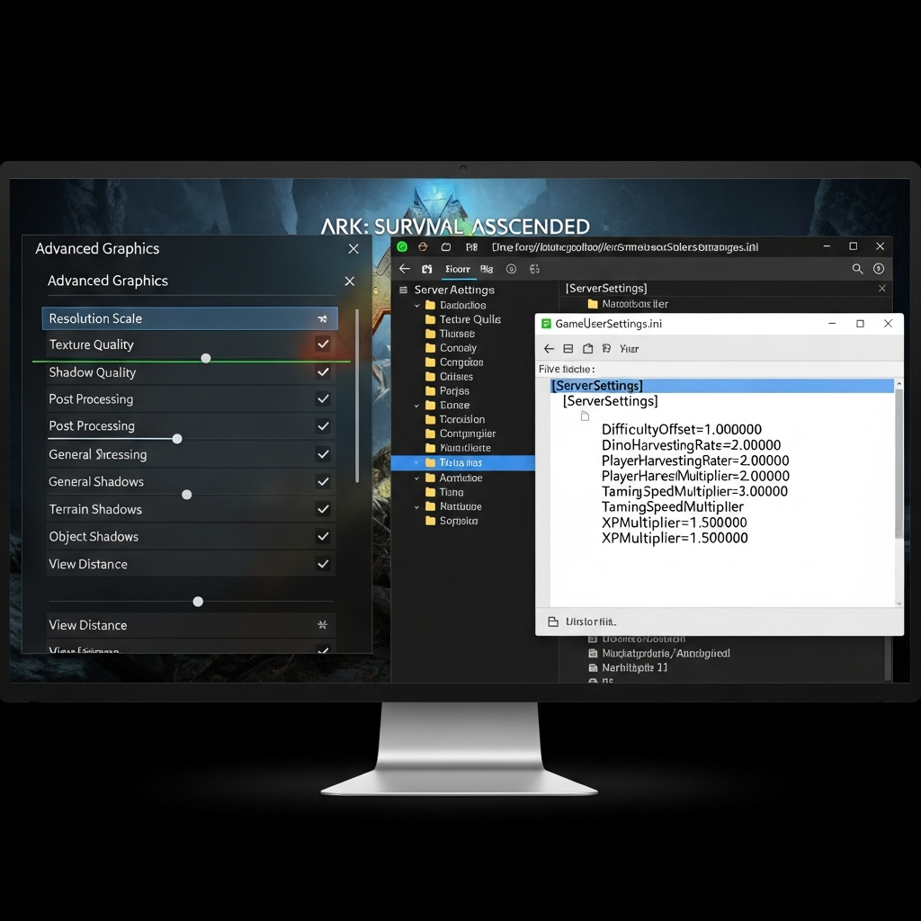 A photorealistic screenshot showing ARK: Survival Ascended's configuration menu with advanced graphics settings highlighted, alongside a file explorer window displaying the GameUserSettings.ini file open in a text editor with custom server parameters visible