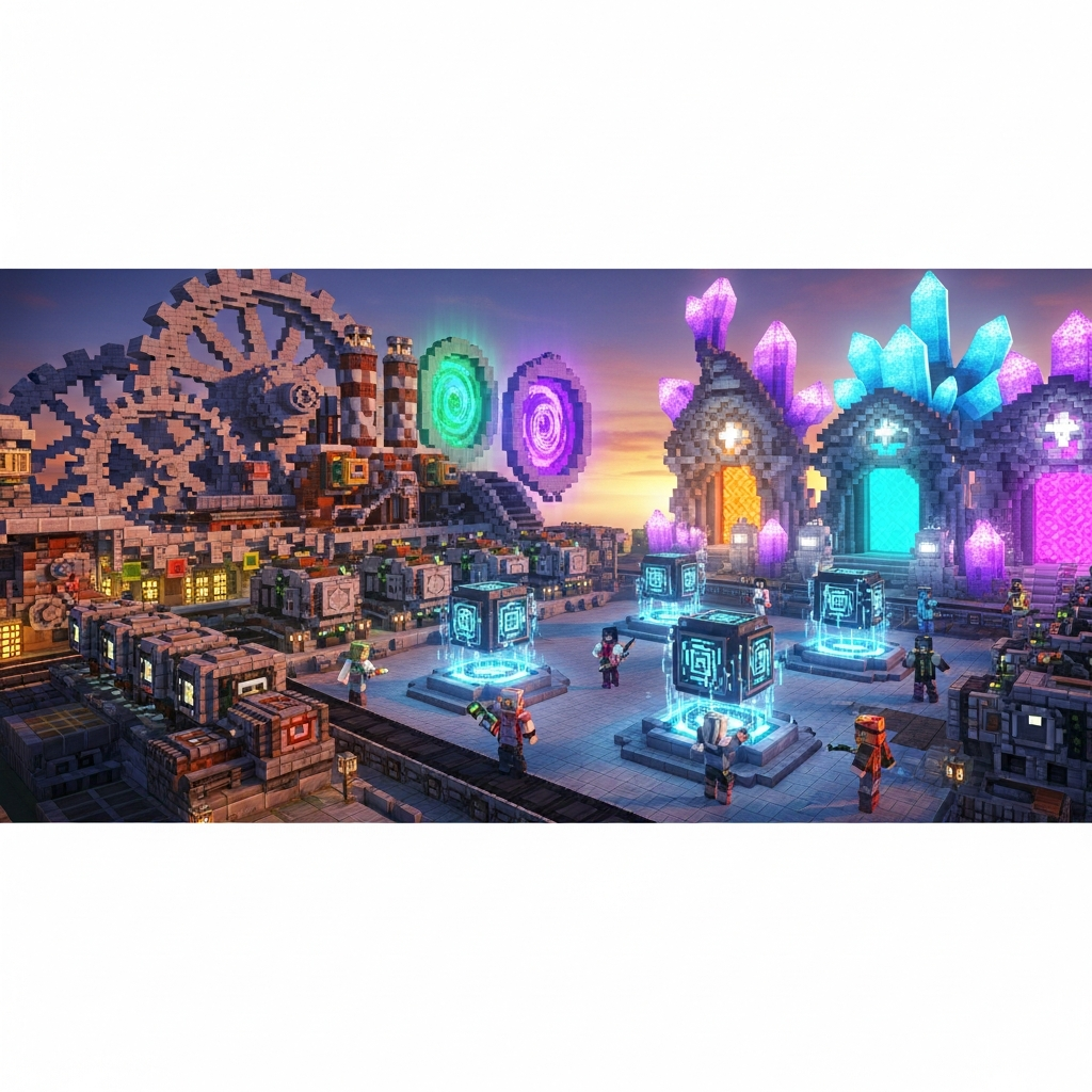 A photorealistic screenshot showing a heavily modded Minecraft server spawn area with industrial machinery from Create mod, magical crystals from Ars Nouveau, custom buildings, and multiple players gathered around futuristic tech blocks under a vibrant sky with dimension portals visible in the background