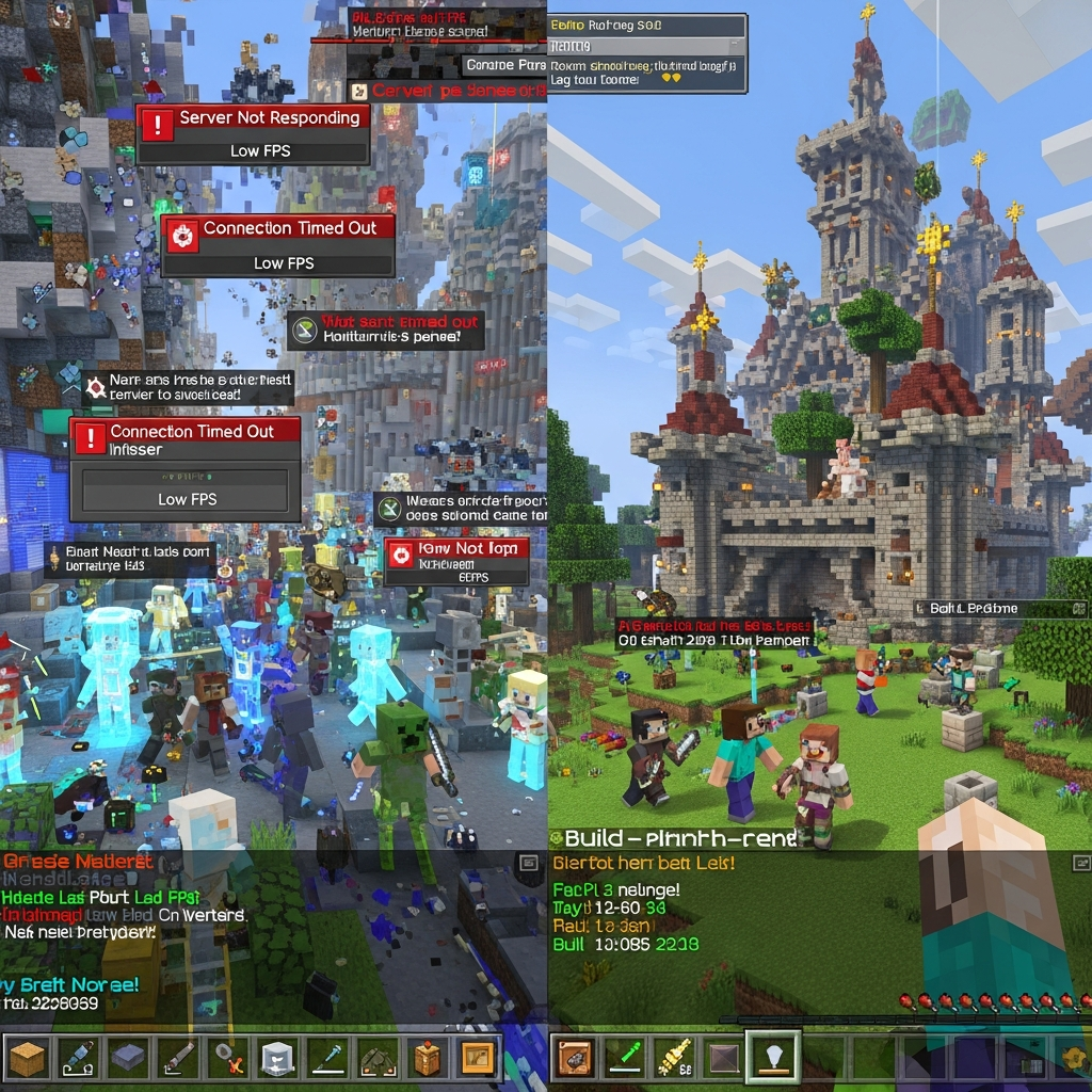 A split-screen comparison showing a lagging, crowded free Minecraft server with error messages on one side, and a smooth, high-performance paid server with happy players building together on the other side, photorealistic 4K quality