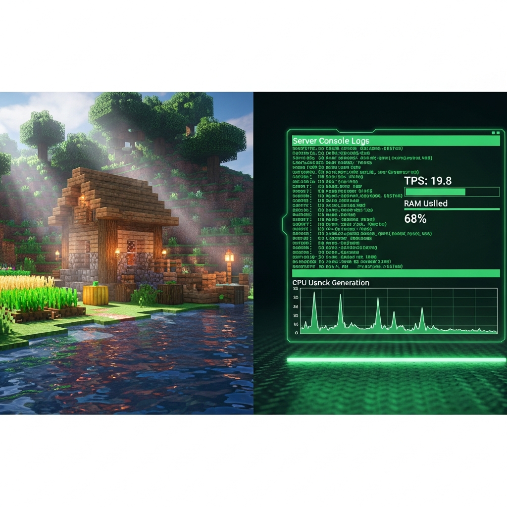 A split-screen view showing a Minecraft survival base with shaders on the left half, and on the right half a terminal window displaying green scrolling server console logs with TPS at 19.8, RAM usage bar at 68%, and CPU graph spiking during chunk generation, all on a futuristic holographic display