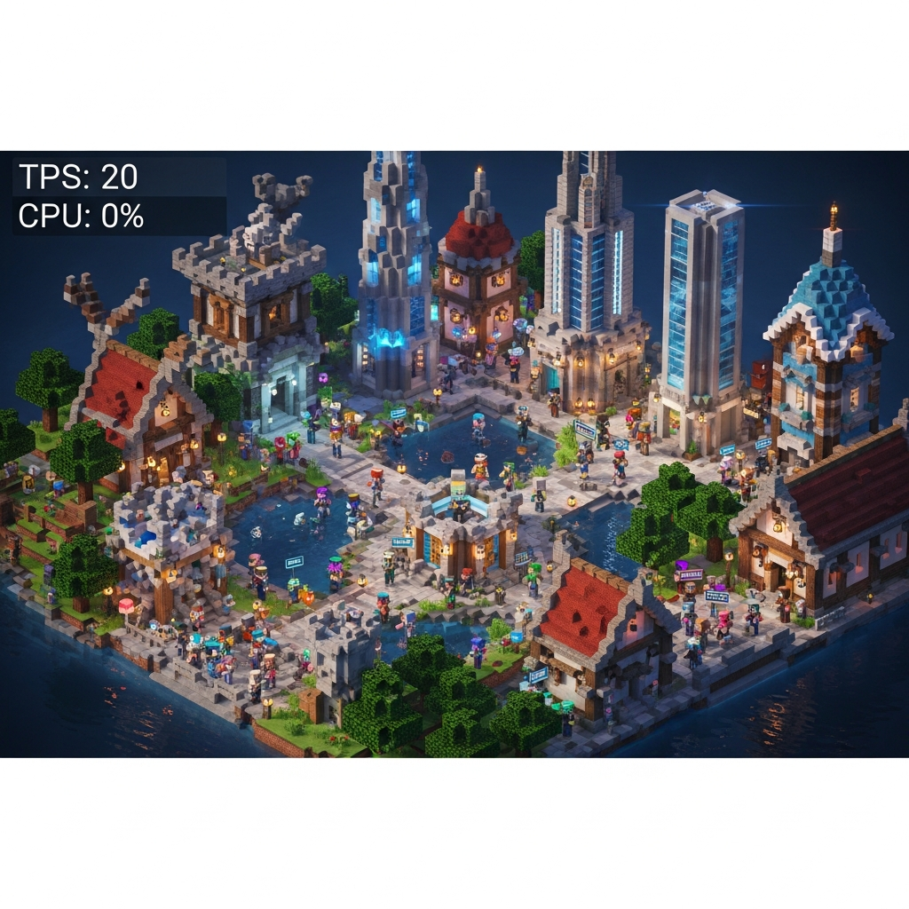A thriving Minecraft server hub with dozens of players, custom builds, and vibrant lighting effects, viewed from an isometric angle, with a subtle performance overlay showing steady 20 TPS and 0% CPU throttling, photorealistic Minecraft render