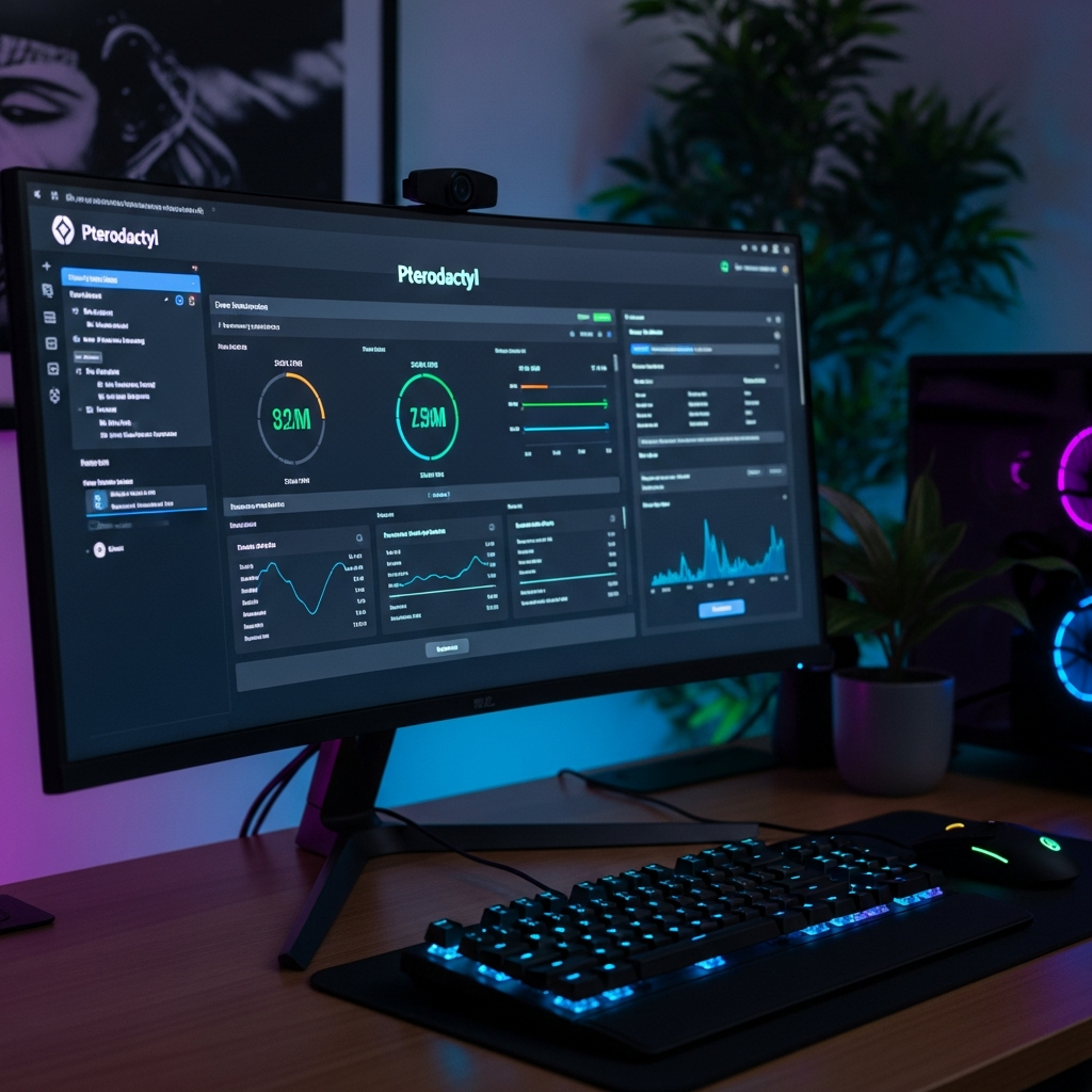 Bureau moderne avec écran d'ordinateur affichant le panel de gestion Pterodactyl d'un serveur FiveM, statistiques de performance en temps réel, clavier mécanique RGB, souris gaming, ambiance professionnelle avec plantes vertes en arrière-plan