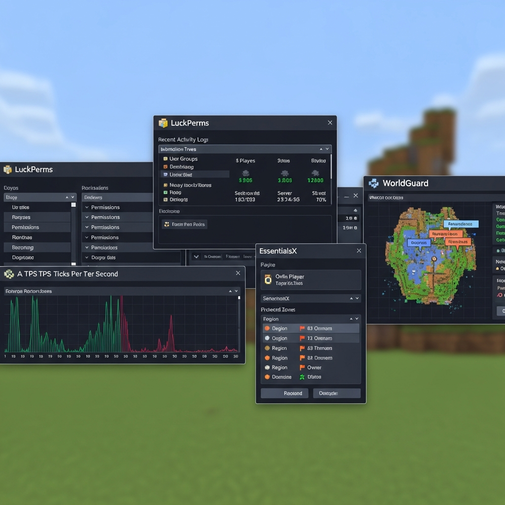 Captura de pantalla del panel de administración de Minecraft con múltiples plugins instalados (LuckPerms, EssentialsX, WorldGuard) mostrando listas de permisos, zonas protegidas y logs de actividad en una interfaz moderna con gráficos de rendimiento TPS en tiempo real