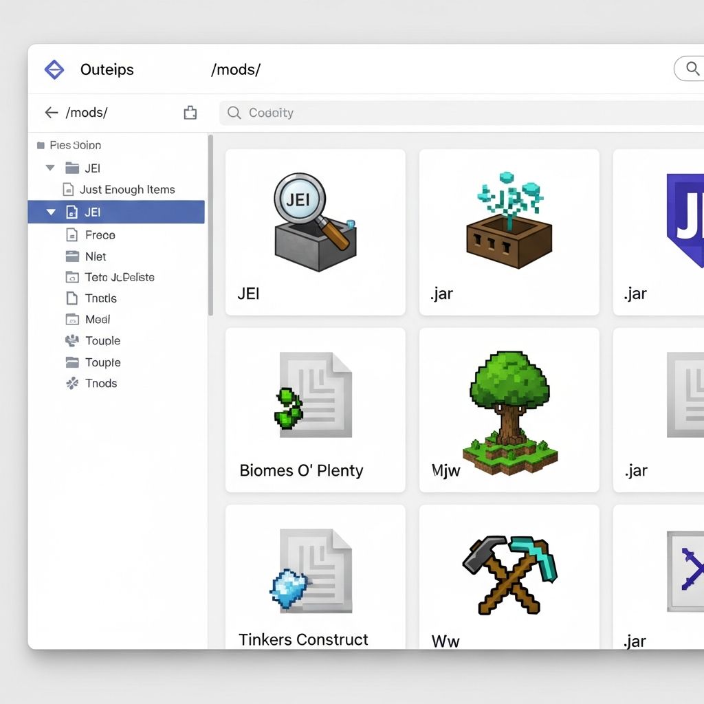 Captura de pantalla de una carpeta /mods/ en un explorador de archivos mostrando múltiples archivos .jar con iconos de mods populares (JEI, Biomes O' Plenty, Tinkers Construct), interfaz de panel web moderno con tema claro, estilo realista