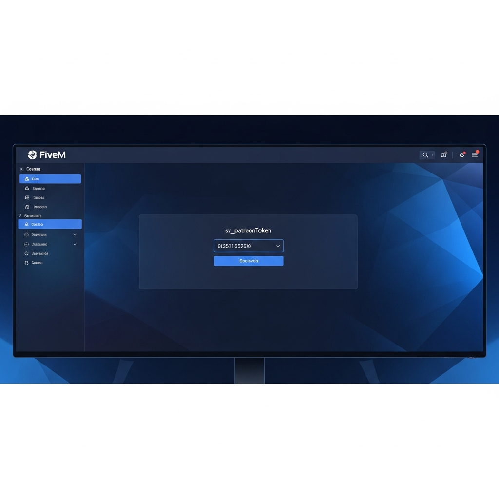 Captura de pantalla de una interfaz de panel de control de servidor FiveM mostrando el campo de configuración "sv_patreonToken" con una clave alfanumérica borrosa, pantalla de fondo azul oscuro con elementos UI modernos y menú lateral visible