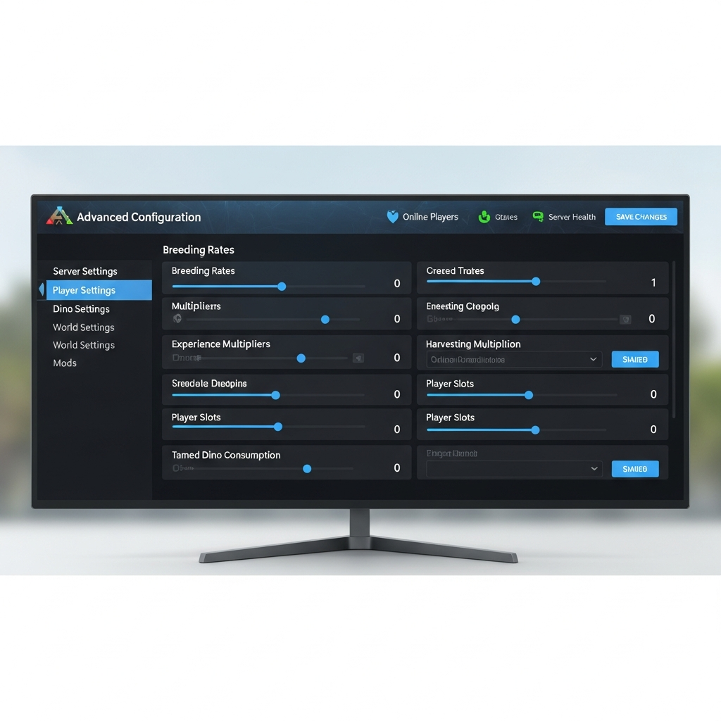 Captura de pantalla de un panel de administración de servidor ARK mostrando opciones de configuración avanzadas como tasas de reproducción, multiplicadores de experiencia y slots de jugadores, con interfaz moderna en alta resolución