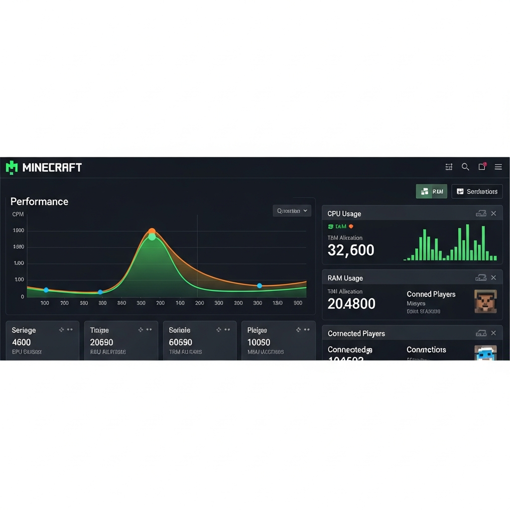 Captura de pantalla de un panel de control de servidor Minecraft mostrando métricas en tiempo real: CPU, RAM, jugadores conectados, gráficos de rendimiento en un dashboard moderno con tema oscuro, estilo profesional y fotorrealista