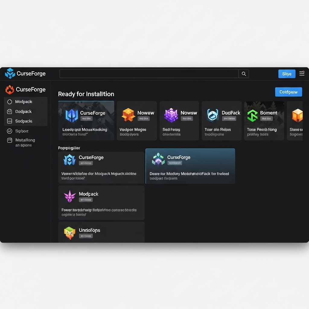 Captura de pantalla de un panel de control web moderno mostrando una lista de modpacks populares de CurseForge listos para instalar con un botón, con iconos coloridos y descripciones breves, fondo oscuro profesional, interfaz limpia estilo dashboard