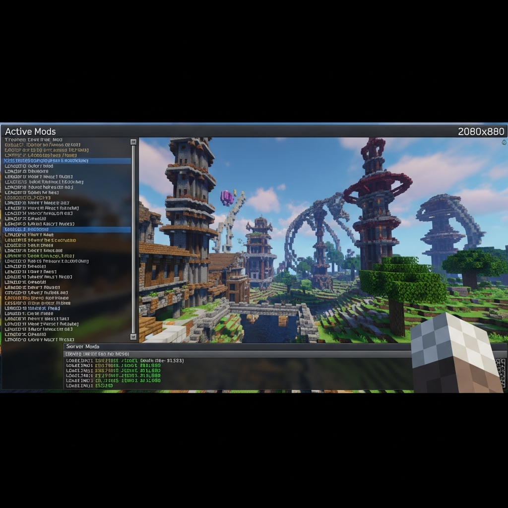 Captura de pantalla de un servidor Minecraft con mods en ejecución, mostrando consola del servidor con logs de carga de mods, lista de mods activos en el lado izquierdo, mundo generado con estructuras personalizadas de mods visibles al fondo, interfaz realista con temática tecnológica