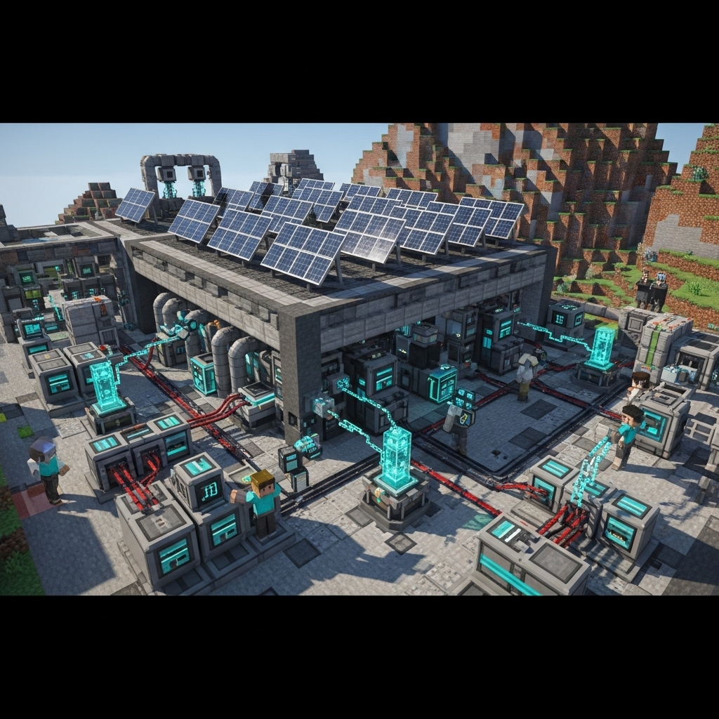 Captura de pantalla de un servidor Minecraft multijugador mostrando una base tecnológica avanzada con tuberías industriales, paneles solares, máquinas procesadoras y almacenamiento digital conectado mediante cables de energía, con varios jugadores trabajando en diferentes secciones de la instalación automatizada