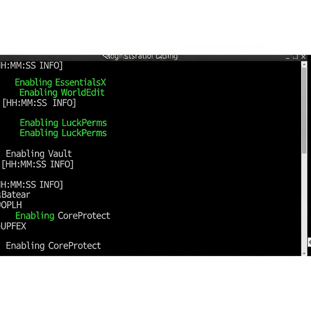 Captura de pantalla fotorrealista de la consola de administrador de un servidor Minecraft mostrando múltiples líneas de log con mensajes verdes de carga exitosa de plugins como "Enabling EssentialsX", "Enabling WorldEdit", texto blanco sobre fondo negro, marca de tiempo visible, scroll bar a la derecha, aspecto profesional de terminal Linux