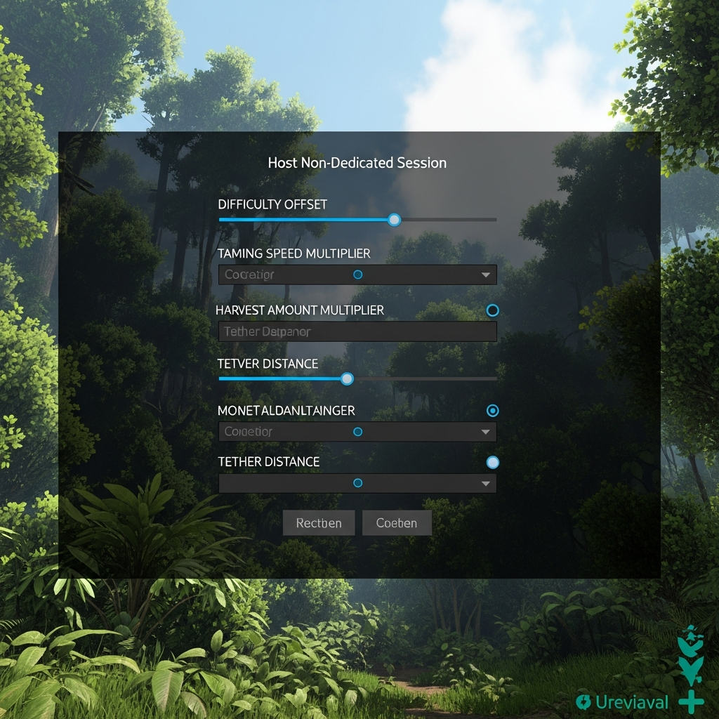 Captura de pantalla fotorrealista de la interfaz de configuración de ARK Survival Ascended mostrando las opciones de "Host Non-Dedicated Session" con sliders de dificultad, multiplicadores de taming y opciones de tether distance visibles en el menú principal del juego, interfaz moderna en alta resolución 4K