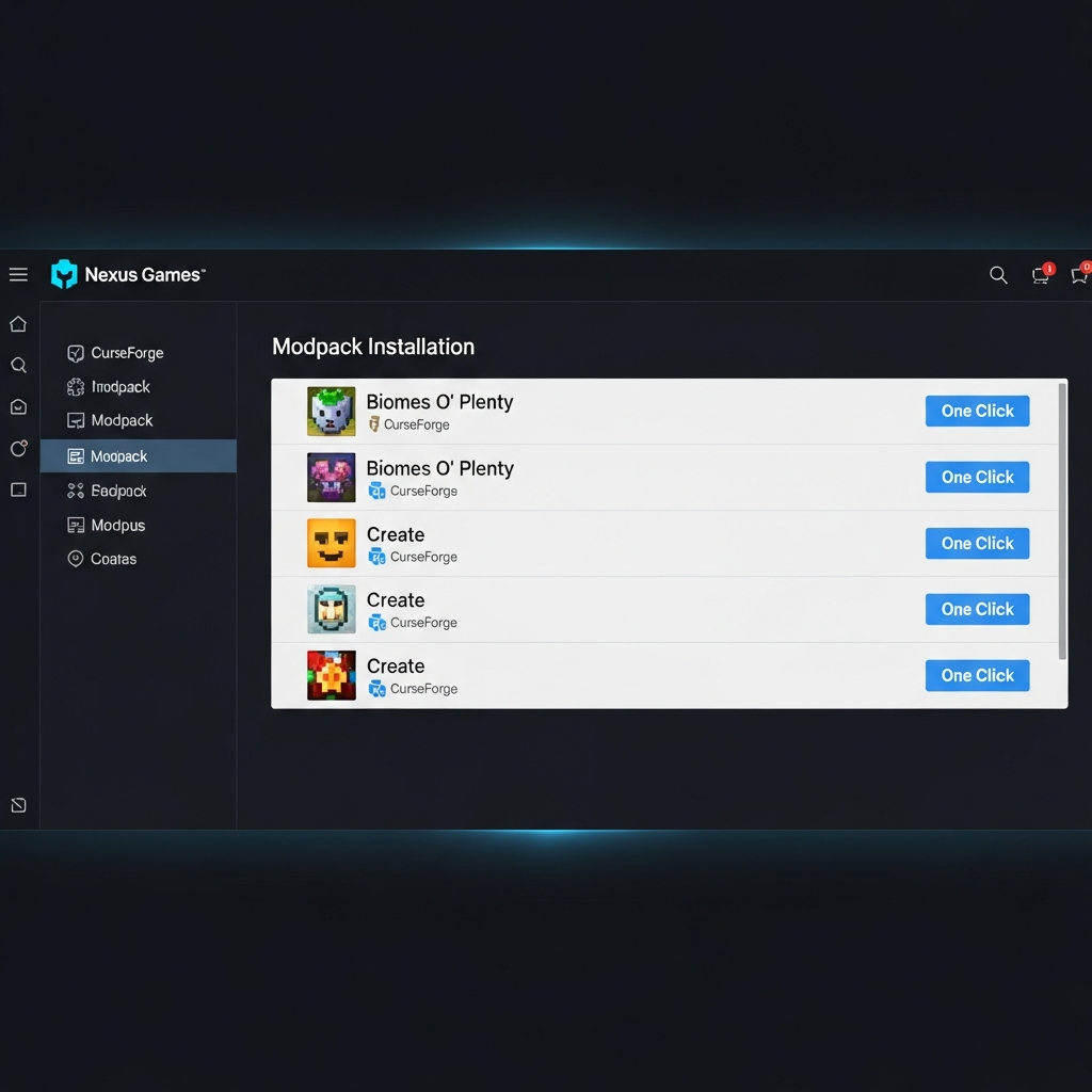 Captura de pantalla fotorrealista del panel de administración Nexus Games mostrando la sección de instalación de modpacks de Minecraft con iconos de CurseForge, lista de mods populares como Biomes O' Plenty y Create, y botones de instalación con un clic, interfaz moderna en tonos oscuros con detalles azules neón