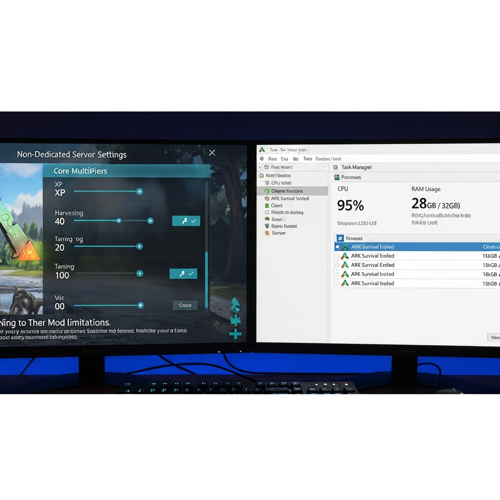 Captura de pantalla fotorrealista del panel de configuración de servidor ARK no dedicado mostrando sliders de multiplicadores básicos (XP, recolección, doma) con advertencia visible de limitación de mods, junto a ventana de administrador de tareas Windows mostrando uso de CPU al 95% y RAM al 28GB de 32GB mientras ARK ejecuta cliente y servidor simultáneamente