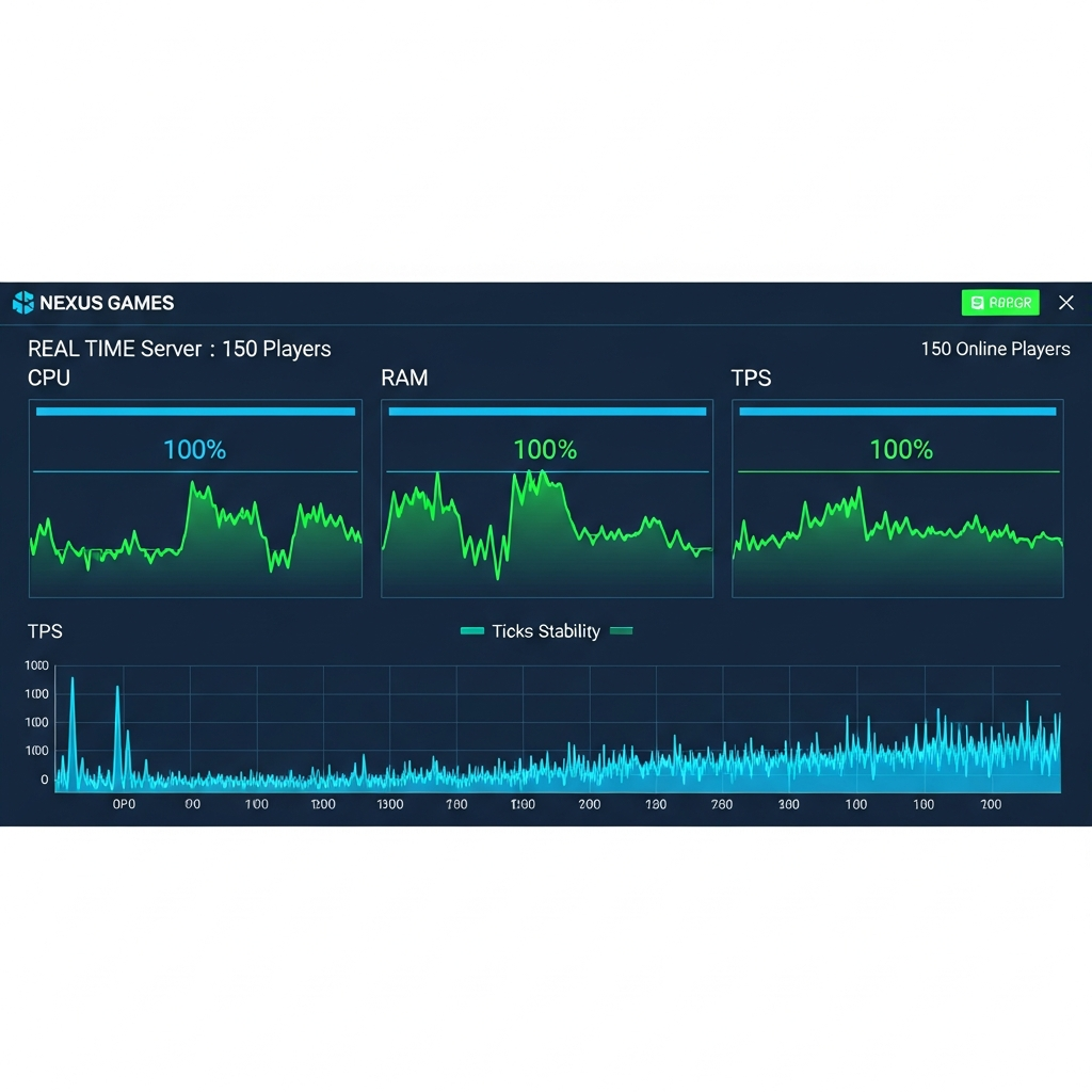 Captura de pantalla fotorrealista del panel de control Nexus Games mostrando gráficos de CPU, RAM y TPS en tiempo real de un servidor Minecraft con 150 jugadores online, interfaz moderna con tonos azules y verdes, métricas al 100% de estabilidad