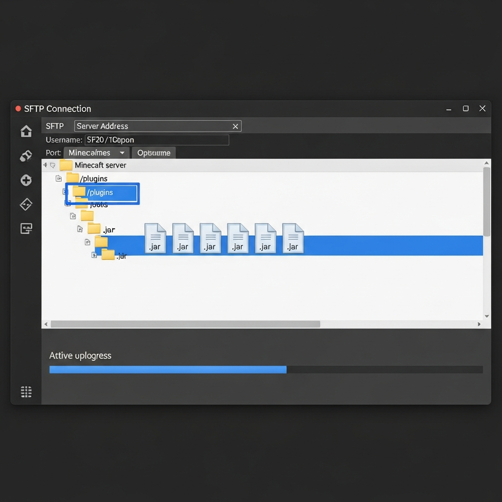 Captura de pantalla fotorrealista de un cliente FTP como FileZilla mostrando la estructura de carpetas de un servidor Minecraft con la carpeta /plugins destacada en color azul, varios archivos .jar visibles y una barra de progreso de subida activa, fondo de interfaz gris oscuro profesional, detalles de conexión SFTP en la parte superior