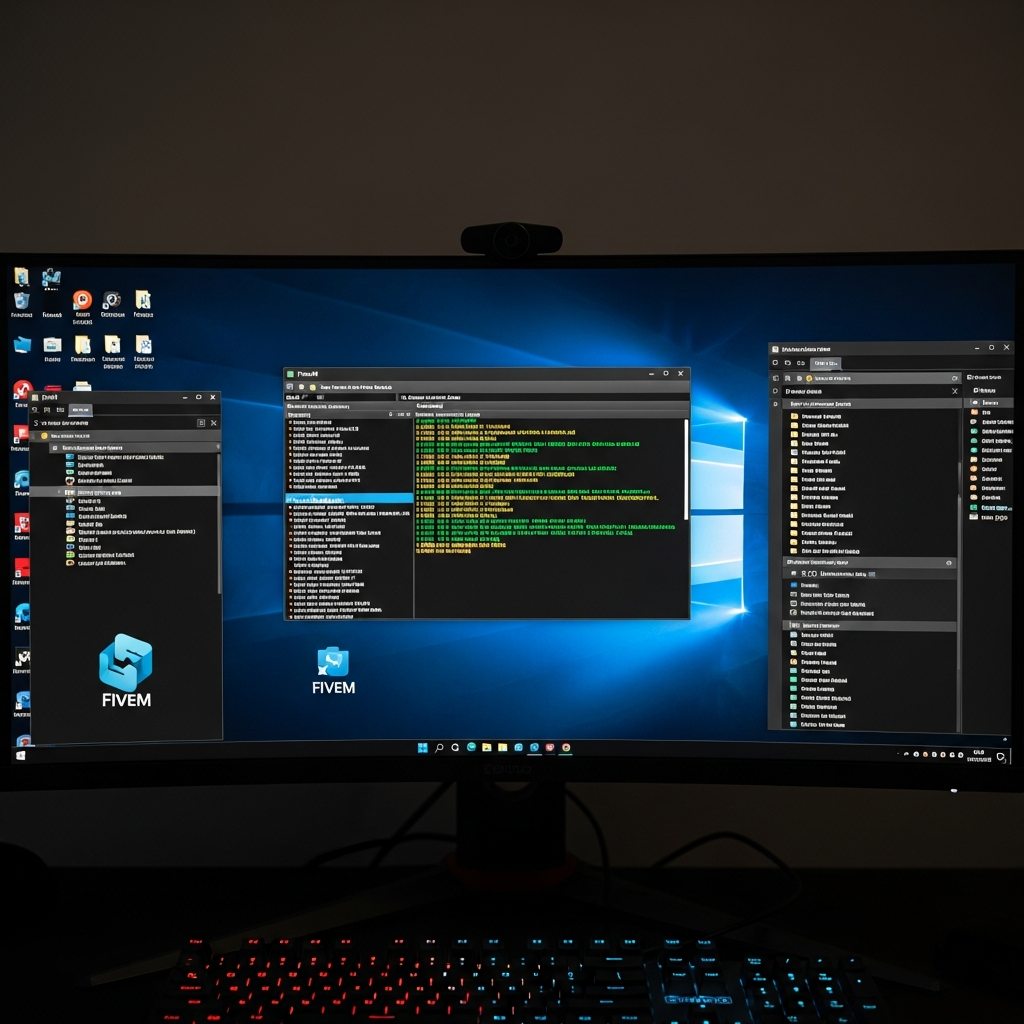 Captura de pantalla fotorrealista de un escritorio Windows mostrando la ventana de consola de FiveM abierta en modo servidor local, con líneas de log verdes y amarillas indicando carga de recursos, visible el icono de FiveM en la barra de tareas y el gestor de archivos txAdmin abierto en segundo plano con carpetas de scripts ESX organizadas, iluminación natural de oficina, monitor gaming ultrawide, teclado mecánico RGB en primer plano