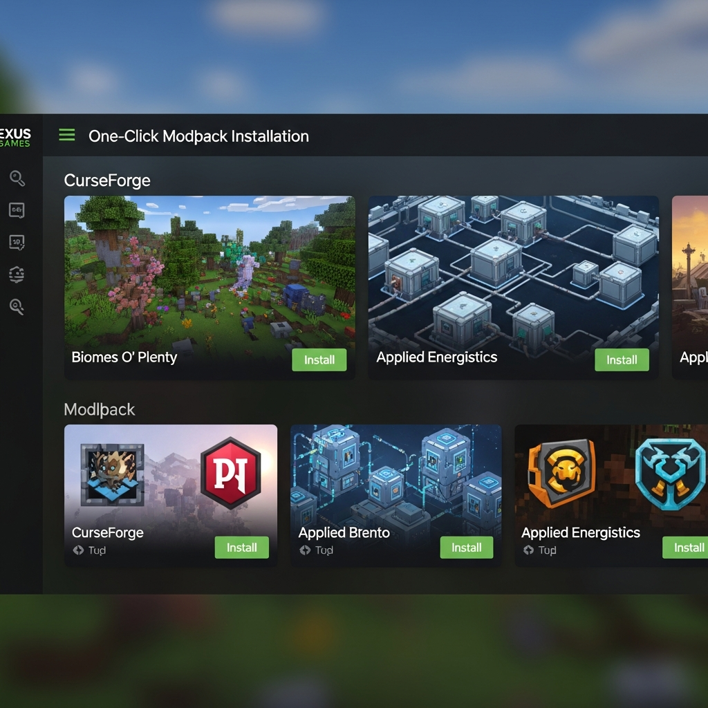 Captura de pantalla fotorrealista de un panel de control Nexus Games mostrando la instalación con un clic de modpacks populares como CurseForge para Minecraft, con iconos coloridos de mods como Biomes O' Plenty y Applied Energistics, fondo oscuro, interfaz moderna, iluminación suave, alta definición