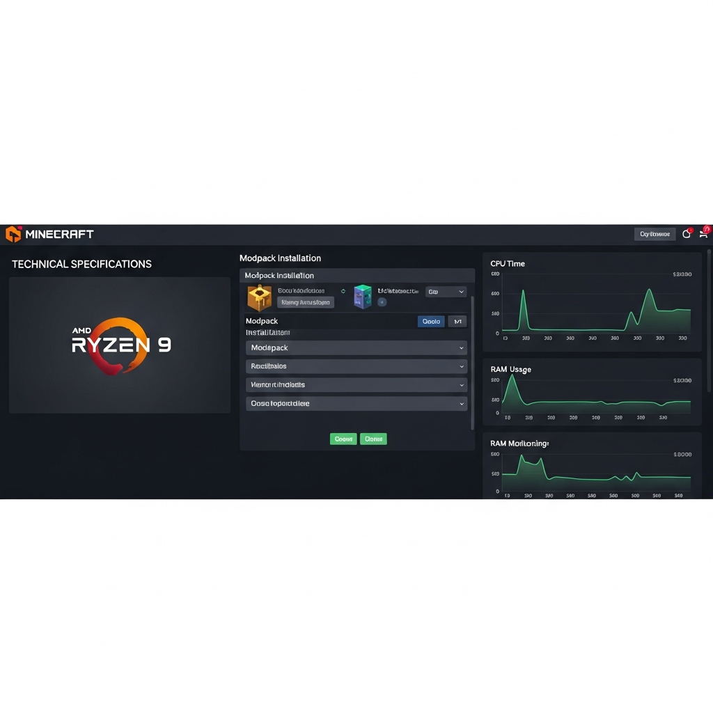 Captura de pantalla fotorrealista de un panel de control de hosting Minecraft mostrando opciones de instalación de modpacks, con interfaz moderna en colores oscuros, procesador AMD Ryzen 9 visible en las especificaciones técnicas, y gráficos de rendimiento de CPU y RAM en tiempo real
