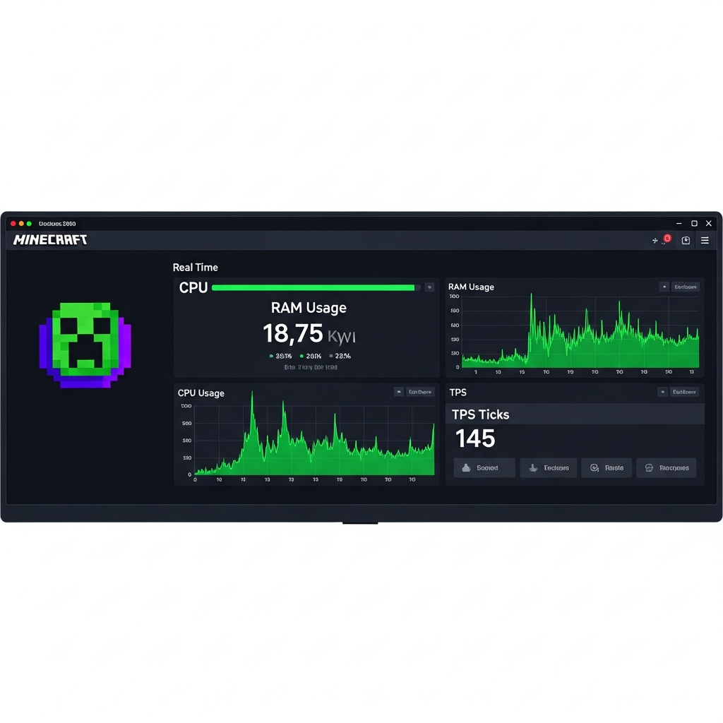 Captura de pantalla fotorrealista de un panel de control de servidor Minecraft mostrando gráficos en tiempo real de uso de CPU, RAM y TPS (ticks por segundo), con interfaz moderna oscura, métricas en verde brillante y logo de Minecraft en la esquina superior