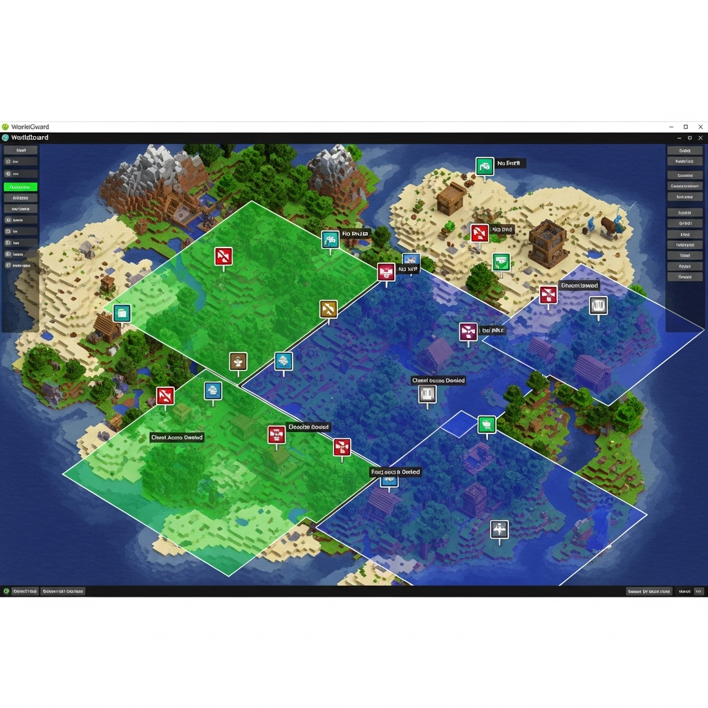 Captura de pantalla fotorrealista de un servidor Minecraft mostrando la interfaz de configuración de WorldGuard con múltiples regiones protegidas superpuestas en un mapa isométrico, con banderas de protección visibles y límites de zonas destacados en colores translúcidos verde y azul