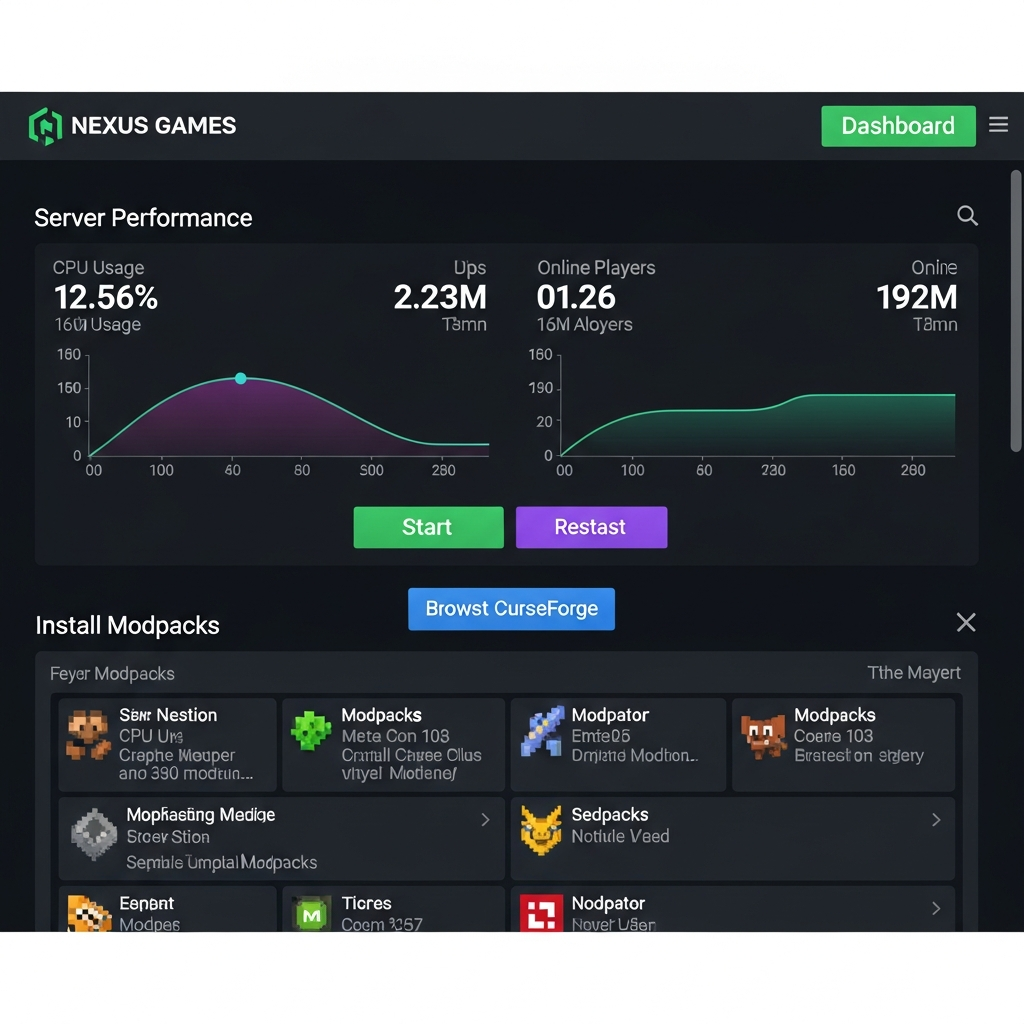 Captura de pantalla profesional del panel de control Nexus Games mostrando la interfaz de gestión de servidor Minecraft con métricas en tiempo real (CPU, RAM, jugadores online), botones de inicio/reinicio y sección de instalación de modpacks desde CurseForge, con diseño moderno oscuro y gráficos de rendimiento