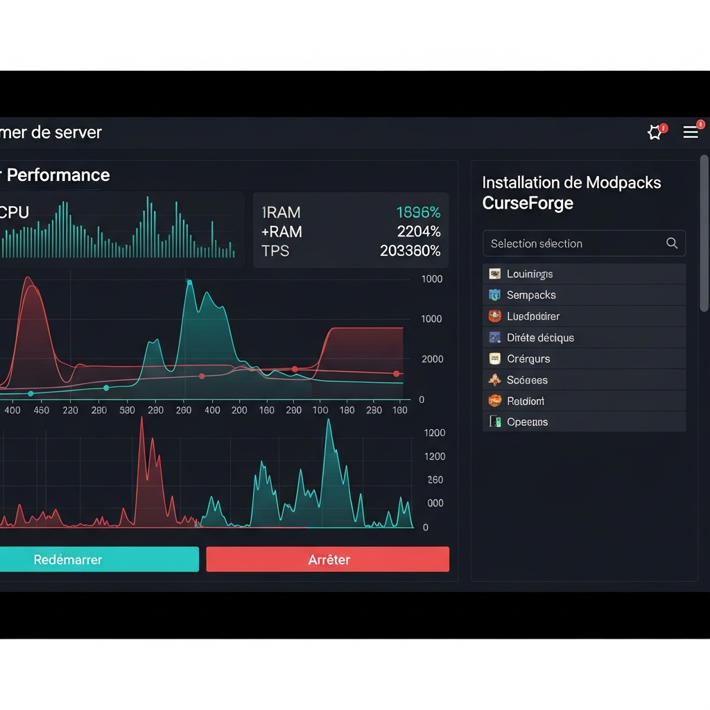 Capture d'écran détaillée d'un panel de gestion moderne pour serveur Minecraft montrant les graphiques de performance en temps réel avec utilisation CPU, RAM et TPS, interface épurée en français avec boutons de redémarrage et section d'installation de modpacks CurseForge