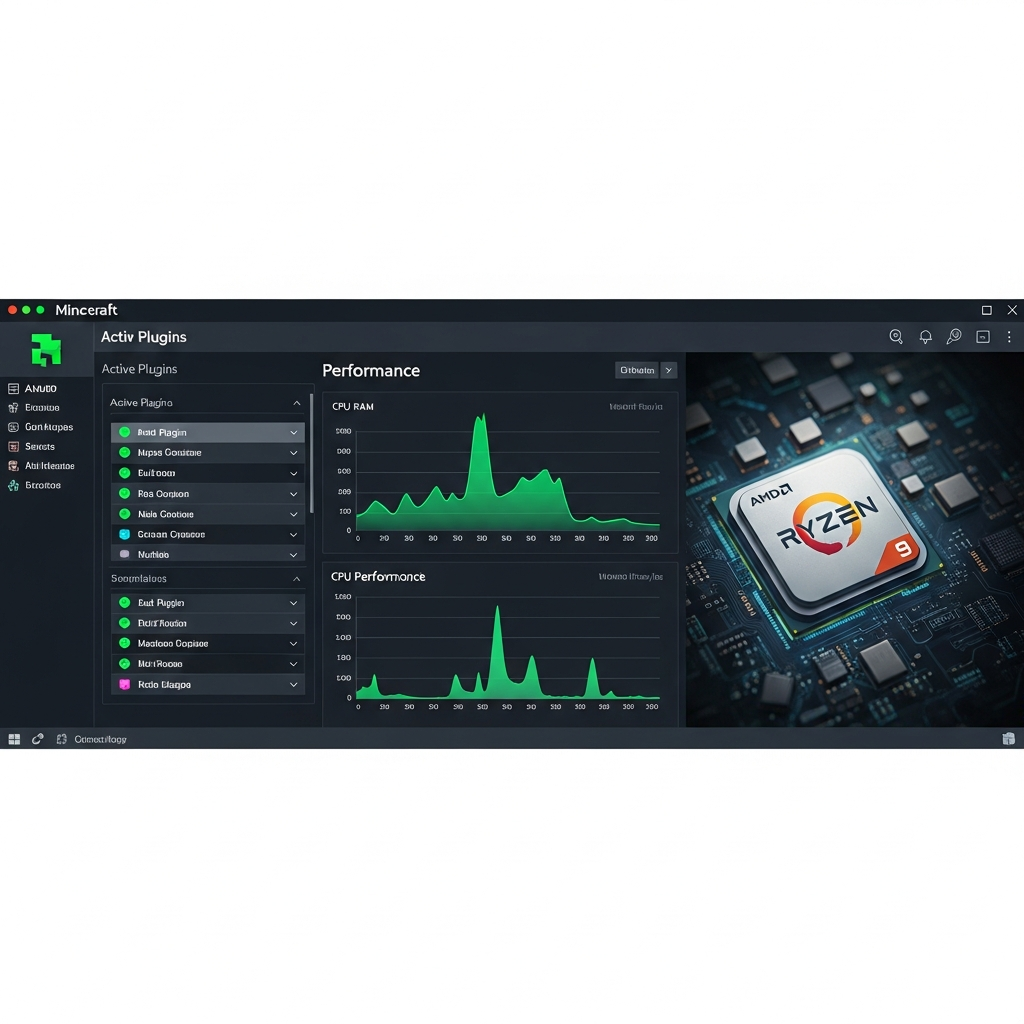 Capture d'écran d'un tableau de bord d'administration de serveur Minecraft moderne affichant une liste de plugins actifs avec codes couleur verts, processeur AMD Ryzen 9 visible en arrière-plan, interface sombre élégante, graphiques de performance en temps réel, ambiance professionnelle