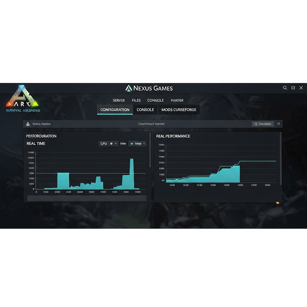 Capture d'écran du panel Nexus Games affichant l'interface de gestion d'un serveur ARK Survival Ascended, avec les ongles Configuration, Fichiers, Console, Mods CurseForge visibles, thème sombre moderne, logo ARK SA en haut à gauche, graphiques de performance CPU et RAM en temps réel