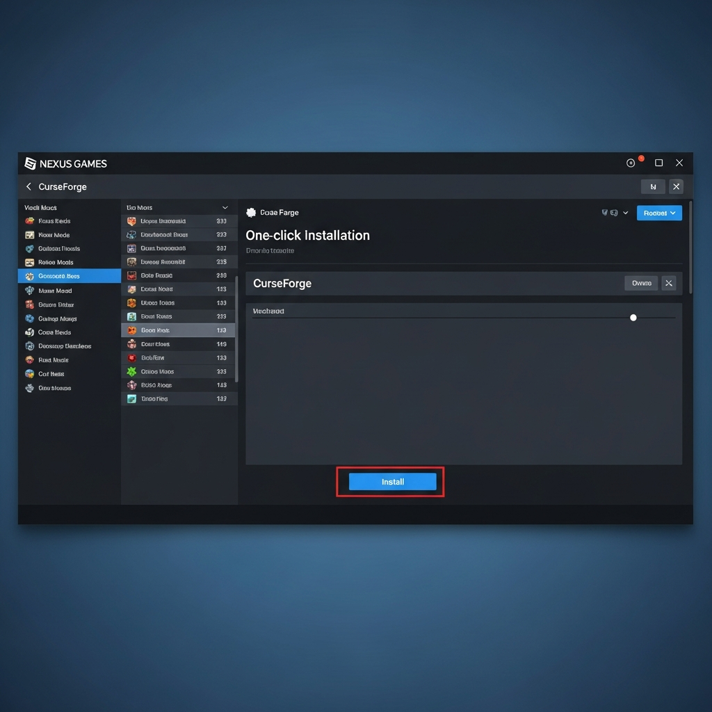Capture d'écran du panel Nexus Games montrant l'installation en un clic d'un modpack CurseForge, liste de mods visible à gauche, bouton "Installer" en surbrillance, design épuré et professionnel
