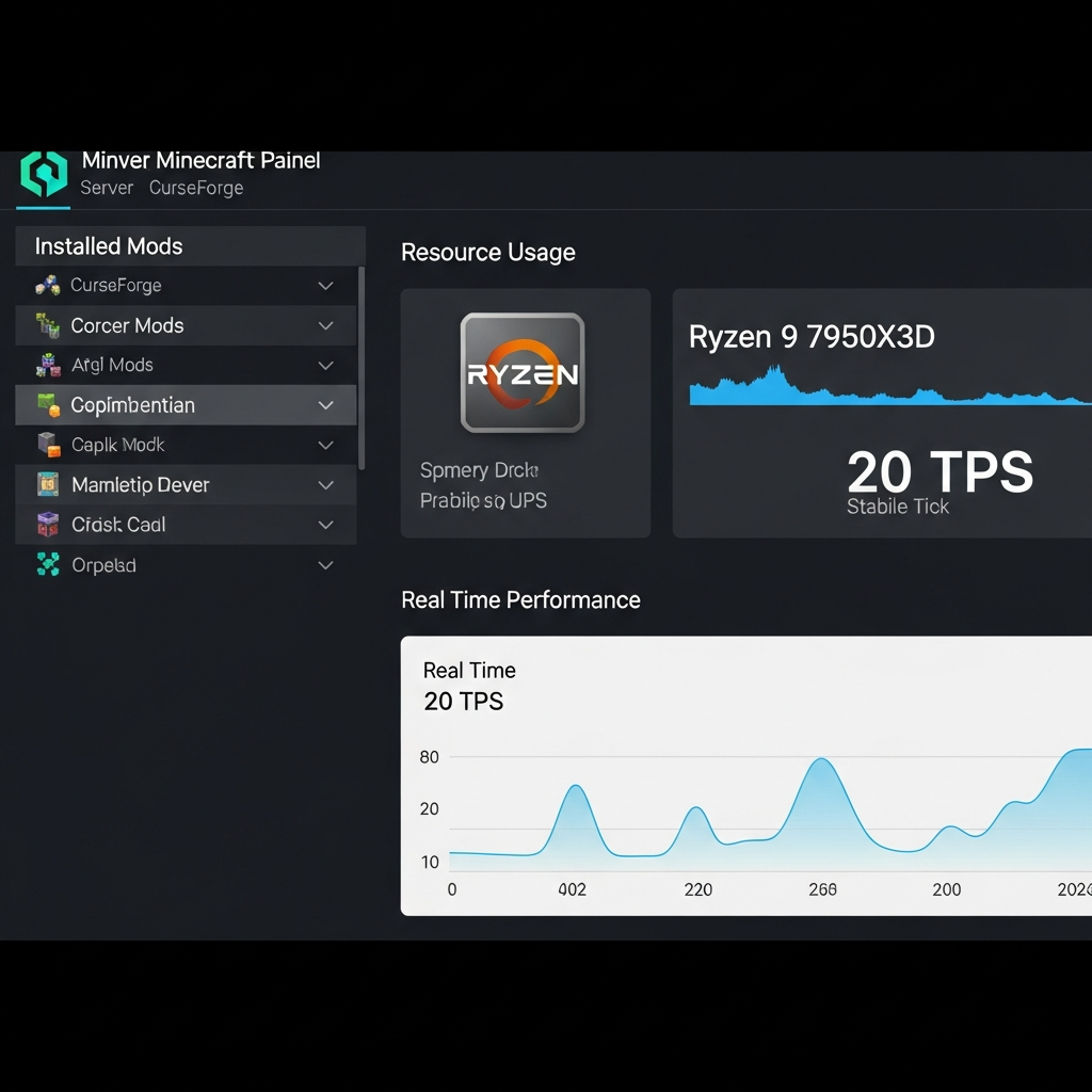 Capture d'écran haute résolution d'un serveur Minecraft avec interface de panel de gestion moderne, affichant la liste des mods installés via CurseForge, processeur Ryzen 9 7950X3D dans l'onglet ressources, graphiques de performance en temps réel avec tick rate stable à 20 TPS, thème sombre professionnel