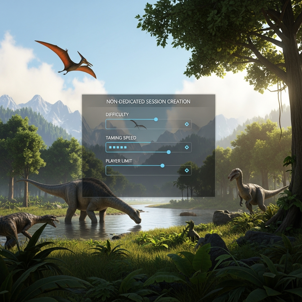 Capture d'écran photoréaliste de l'interface de jeu ARK Survival Ascended montrant le menu de création de session non dédiée, avec les paramètres de difficulté, taux d'apprivoisement et limite de joueurs visibles sur fond de paysage préhistorique avec dinosaures