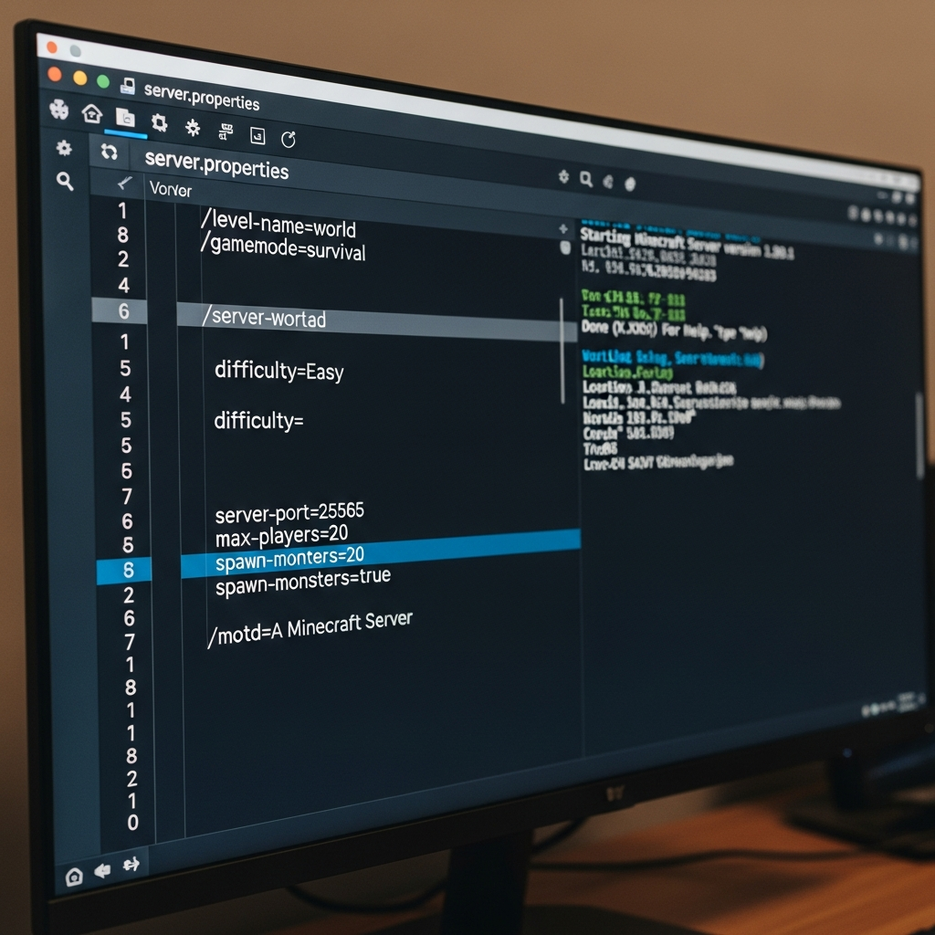 Capture d'écran photoréaliste d'un écran d'ordinateur affichant le fichier server.properties ouvert dans un éditeur de texte, avec les lignes de configuration visibles et une fenêtre de terminal montrant le démarrage du serveur Minecraft en arrière-plan