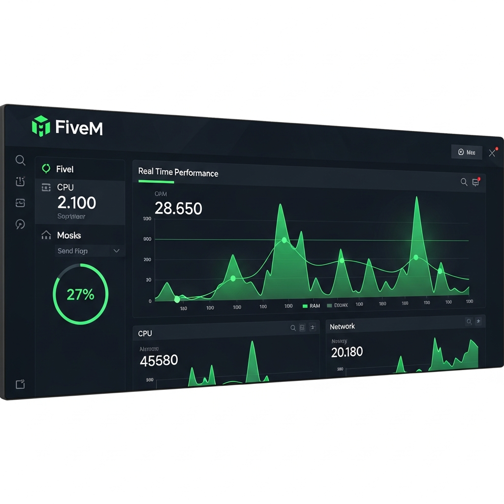 Capture d'écran photoréaliste d'une interface de panel d'hébergement FiveM moderne, affichant des graphiques de performances en temps réel (CPU, RAM, réseau) sur fond sombre avec des indicateurs lumineux verts, dashboard épuré avec logo FiveM en haut à gauche