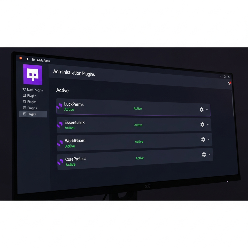 Capture d'écran photoréaliste d'un panel d'administration Minecraft moderne affichant la liste des plugins actifs (LuckPerms, EssentialsX, WorldGuard, CoreProtect) avec leurs versions, statuts en vert et boutons de configuration, interface sombre aux tons violets et blancs, moniteur 27 pouces en vue légèrement inclinée, éclairage d'ambiance tamisé