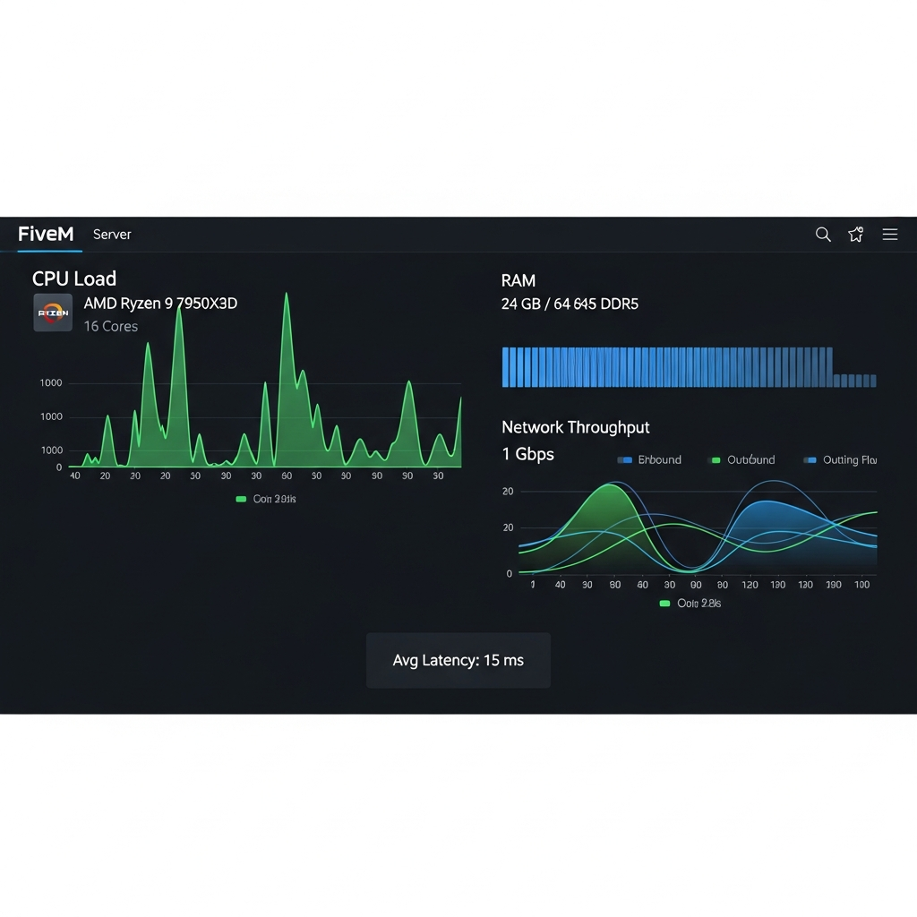 Capture d'écran photoréaliste d'un panel d'administration moderne affichant les métriques en temps réel d'un serveur FiveM : graphiques de charge CPU sur processeur AMD Ryzen 9 7950X3D avec 16 cœurs, utilisation de la RAM DDR5 à 24 Go sur 64 Go disponibles, débit réseau 1 Gbps avec flux entrant et sortant, latence moyenne 15 ms, interface sombre professionnelle avec courbes colorées vertes et bleues