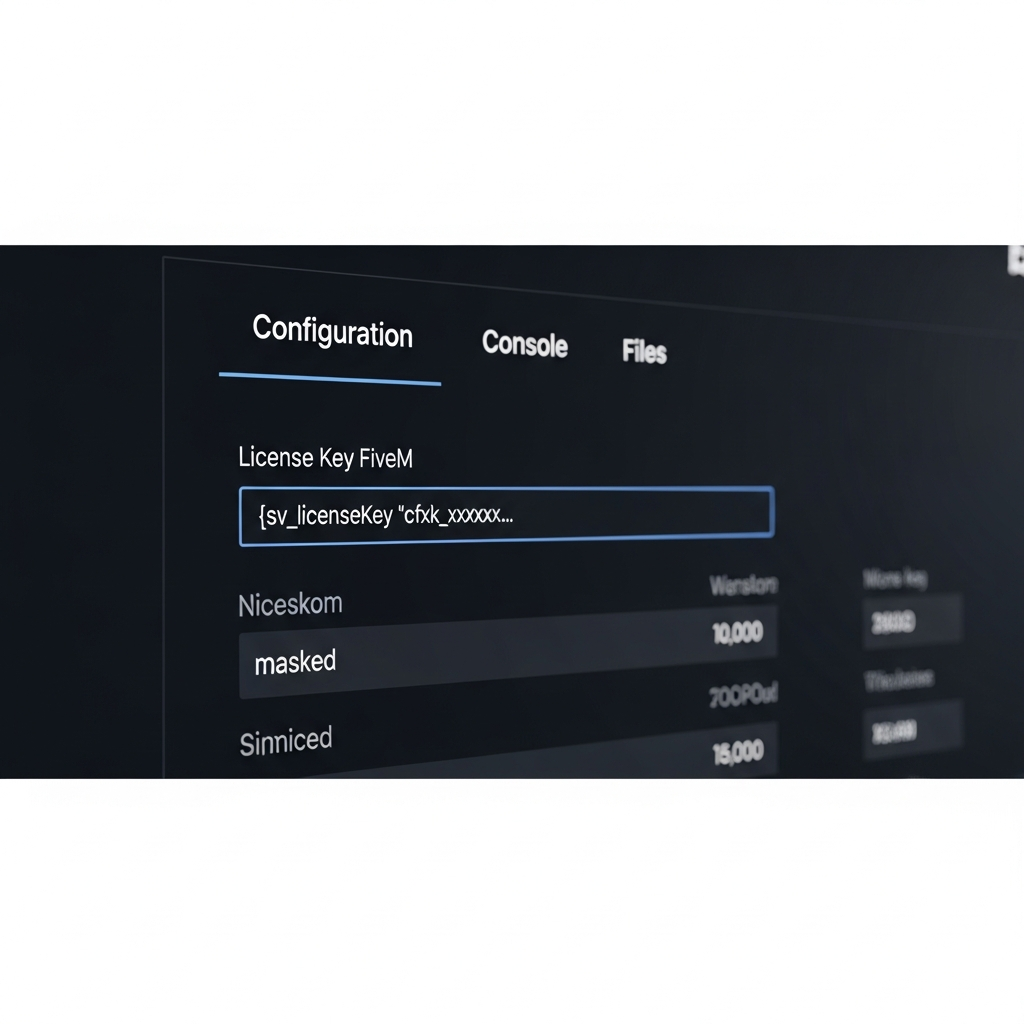Capture d'écran photoréaliste d'un panel d'hébergement moderne affichant un champ "License Key FiveM" pré-rempli avec une clé masquée (sv_licenseKey "cfxk_xxxxx..."), interface sombre avec onglets Configuration, Console, Fichiers visibles en arrière-plan