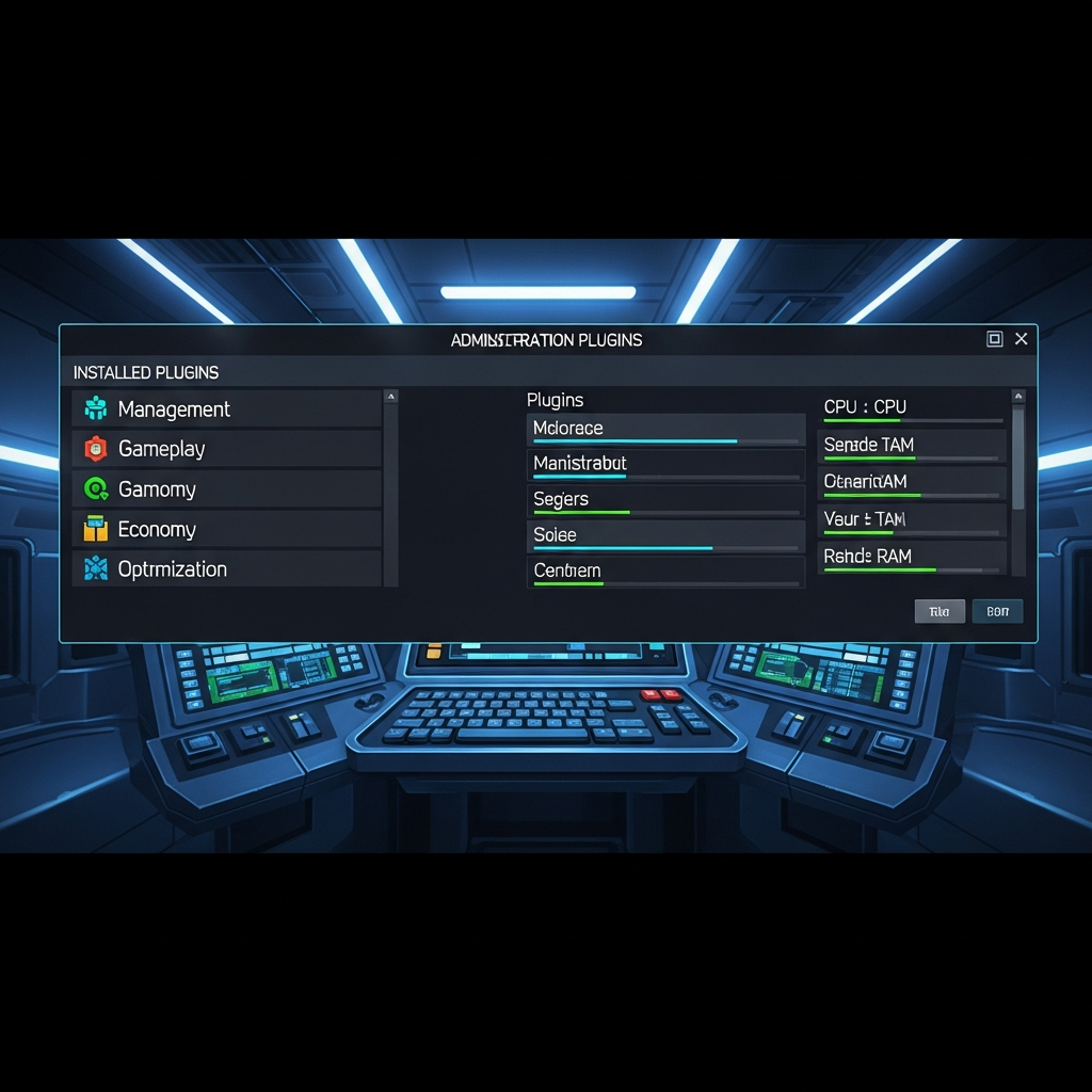 Capture d'écran photoréaliste d'un panneau d'administration Minecraft moderne affichant une liste de plugins installés classés par catégories (gestion, gameplay, économie, optimisation), avec des icônes colorées, des indicateurs de charge CPU et RAM en temps réel, sur fond de dashboard futuriste bleu foncé