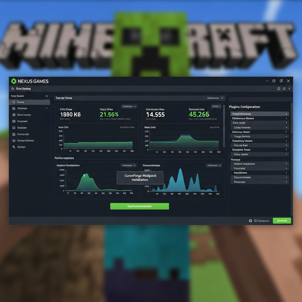 Capture d'écran photoréaliste d'un panneau de contrôle Nexus Games affichant l'interface de gestion d'un serveur Minecraft, avec graphiques de performance CPU et RAM en temps réel, bouton d'installation de modpack CurseForge et menu de configuration des plugins, sur fond d'écran moderne avec logo Minecraft