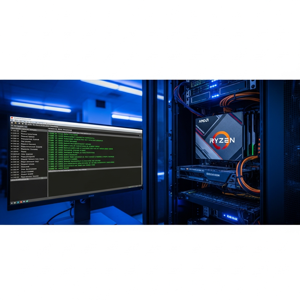 Capture d'écran photoréaliste d'un terminal de serveur Minecraft affichant le démarrage réussi de Paper avec des lignes de log vertes, un CPU AMD Ryzen visible en arrière-plan, atmosphère de salle serveur professionnelle avec éclairage LED bleu