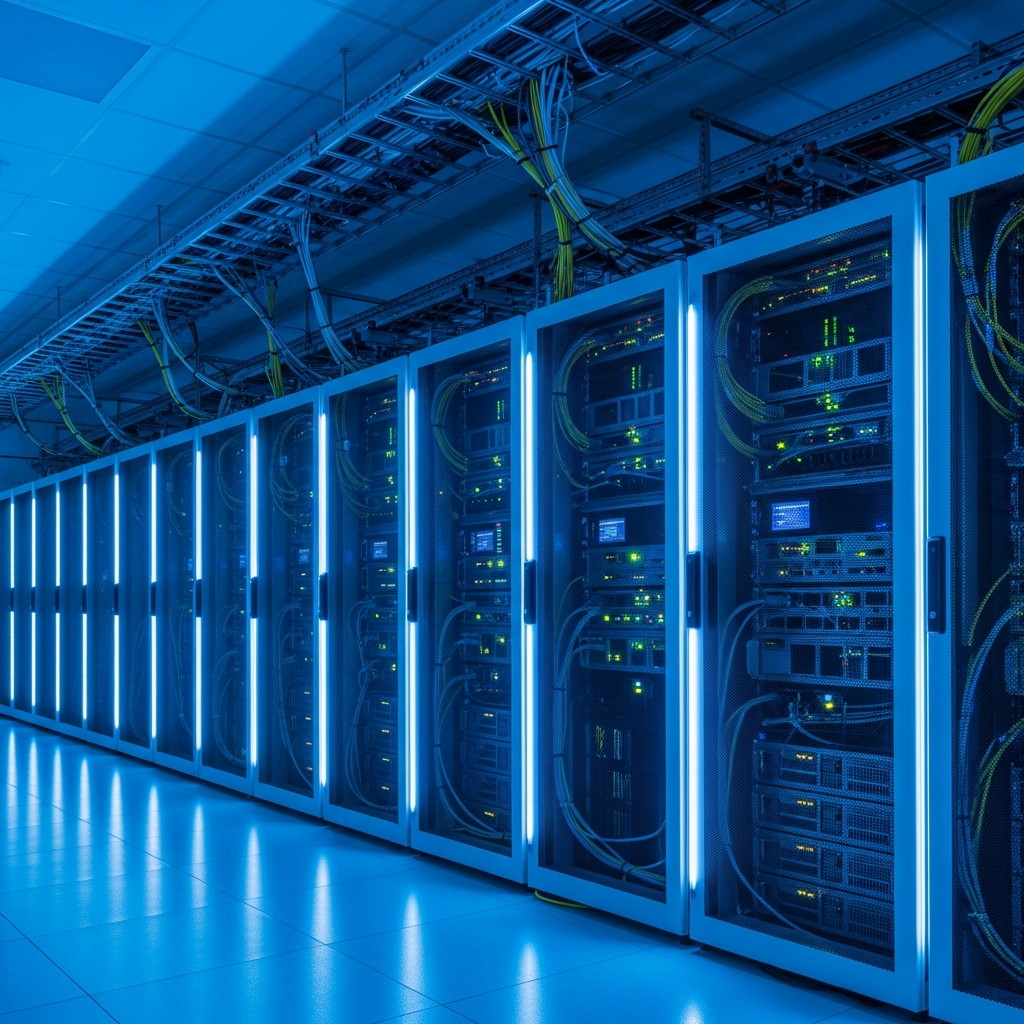 Centro de datos moderno con racks de servidores iluminados con luces azules, cables de red organizados profesionalmente, ambiente tecnológico limpio y profesional, fotografía de alta calidad con profundidad de campo