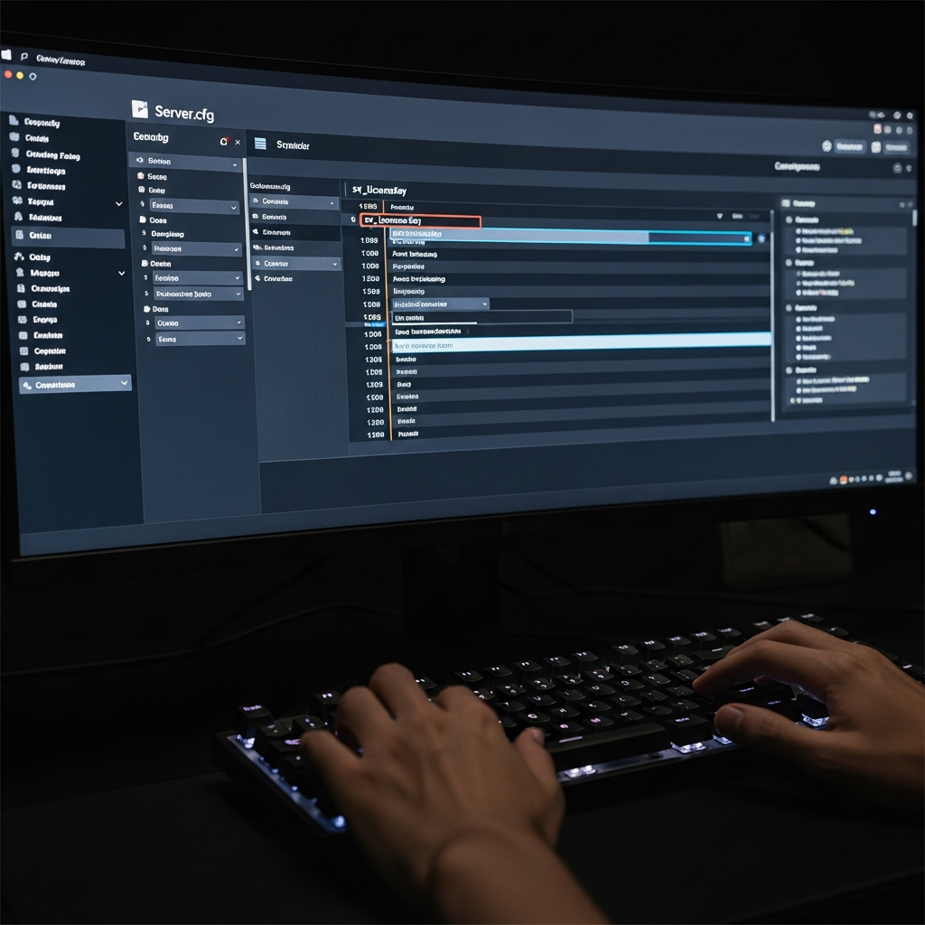Close-up of a modern gaming server control panel interface on a wide monitor, showing server.cfg file editor with highlighted sv_licenseKey line, clean dark UI theme, configuration options visible, realistic hands typing on mechanical keyboard