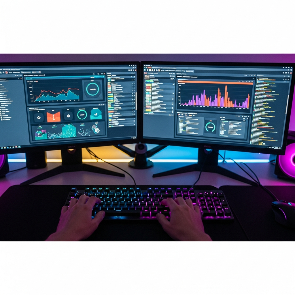 Close-up photorealistic image of hands typing on a backlit mechanical keyboard in front of dual monitors displaying colorful Minecraft server dashboards with graphs and console logs, modern gaming setup with RGB lighting, professional streamer desk aesthetic
