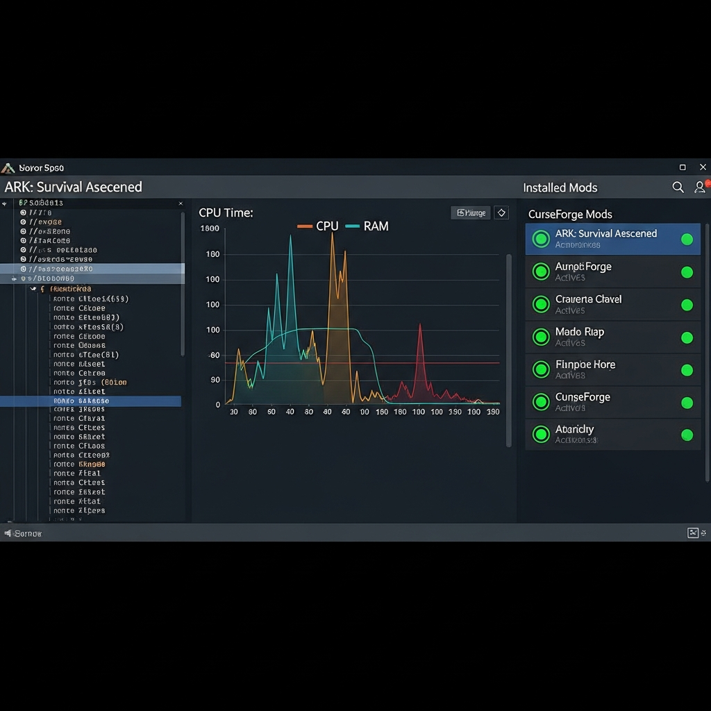 Close-up photorealistic screenshot of a modern server control panel interface displaying ARK Survival Ascended configuration files, real-time CPU and RAM graphs, and a list of installed CurseForge mods with green status indicators