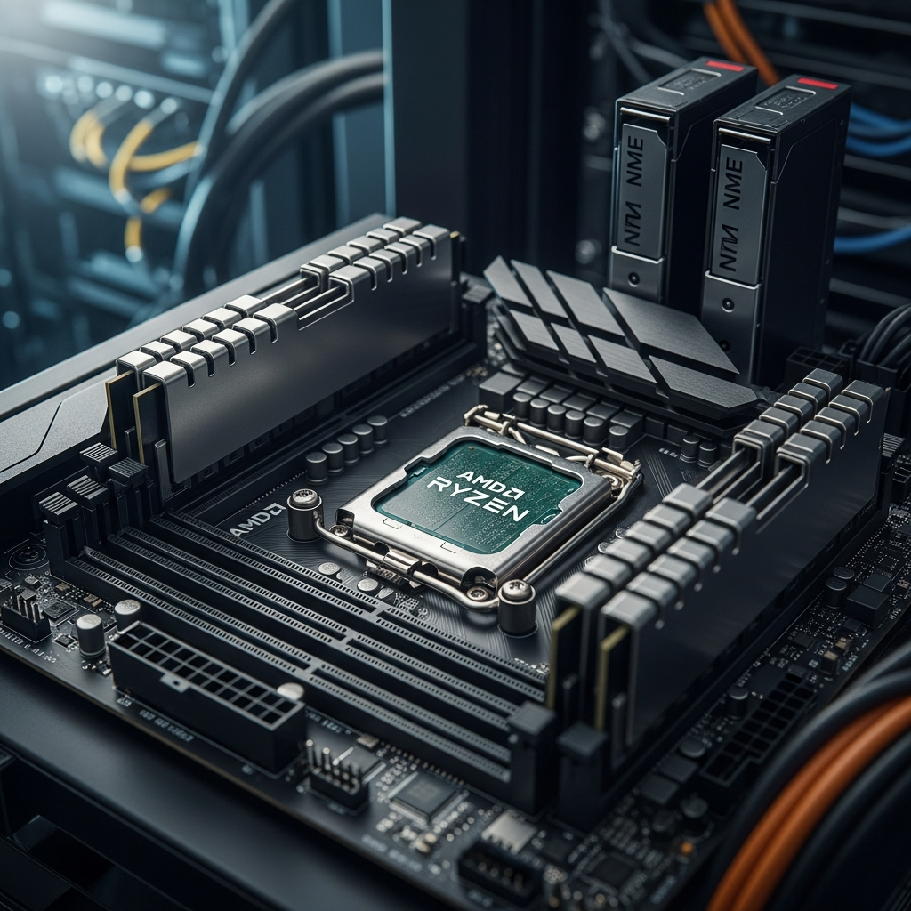 Close-up photorealistic view of AMD Ryzen 9 7950X3D processor installed on motherboard with DDR5 RAM modules and NVMe drives, dramatic lighting highlighting technical components in professional server rack environment
