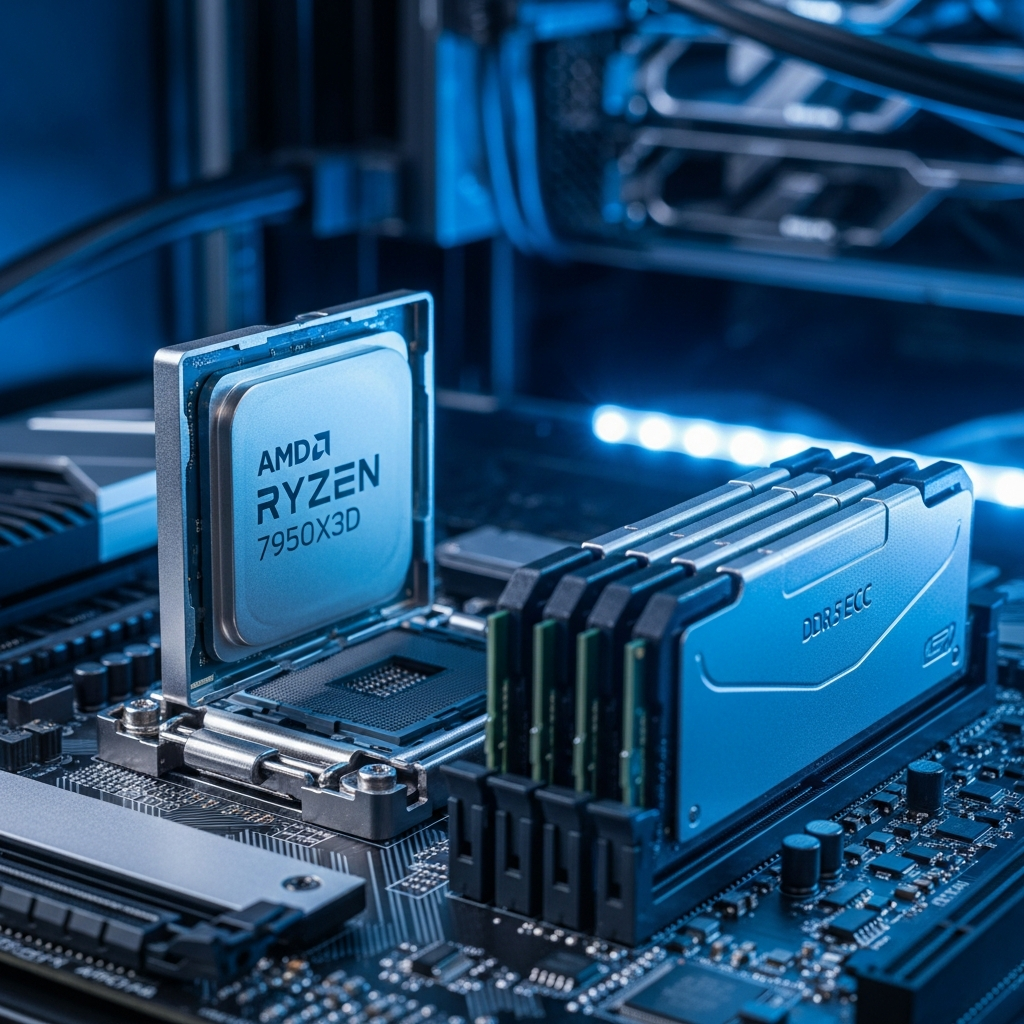 Close-up photorealistic view of AMD Ryzen 9 7950X3D processor installed on motherboard with DDR5 ECC RAM modules, illuminated by soft blue LED lighting in professional server rack environment