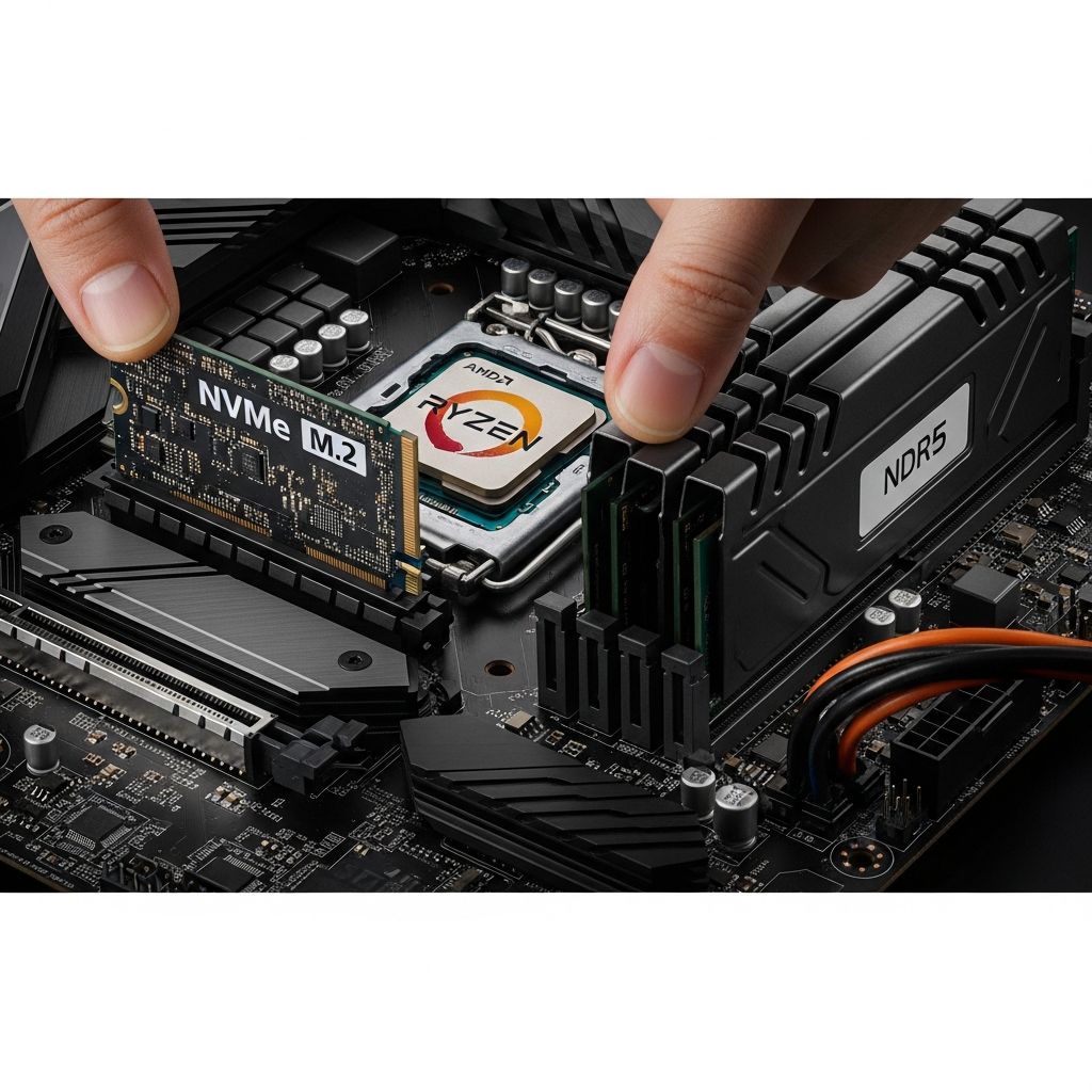 Close-up photorealistic view of NVMe M.2 SSD being installed into motherboard slot, AMD Ryzen processor with visible 3D V-Cache die, DDR5 RAM modules with heat spreaders, professional gaming server motherboard, dramatic lighting, extreme detail